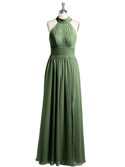 High Neck Full Length Dresses with Slit Olive Green