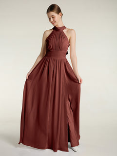 High Neck Full Length Dresses with Slit Terracotta