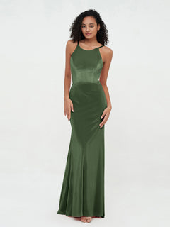 Scoop Neck Velvet Dresses with Sweep Train Olive Green