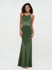 Scoop Neck Velvet Dresses with Sweep Train Olive Green Plus Size