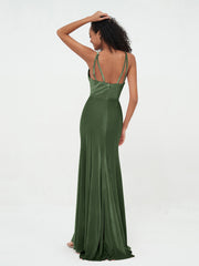 Scoop Neck Velvet Dresses with Sweep Train Olive Green