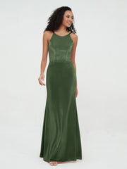 Scoop Neck Velvet Dresses with Sweep Train Olive Green Plus Size