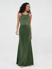 Scoop Neck Velvet Dresses with Sweep Train Olive Green