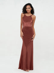 Scoop Neck Velvet Dresses with Sweep Train Terracotta