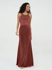 Scoop Neck Velvet Dresses with Sweep Train Terracotta Plus Size