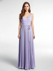 Pleated Skit Double Straps Dress with Self tie Lilac