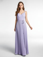 Pleated Skit Double Straps Dress with Self tie Lilac