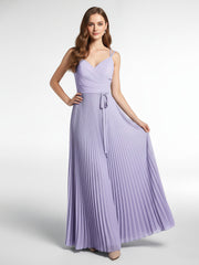 Pleated Skit Double Straps Dress with Self tie Lilac