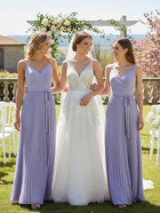 Pleated Skit Double Straps Dress with Self tie Lilac