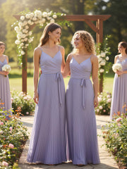Pleated Skit Double Straps Dress with Self tie Lilac