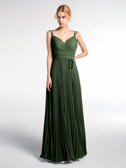 Pleated Skit Double Straps Dress with Self tie Olive Green Plus Size