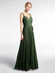 Pleated Skit Double Straps Dress with Self tie Olive Green Plus Size