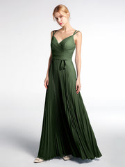 Pleated Skit Double Straps Dress with Self tie Olive Green