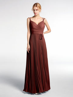 Pleated Skit Double Straps Dress with Self tie Terracotta