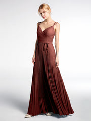 Pleated Skit Double Straps Dress with Self tie Terracotta