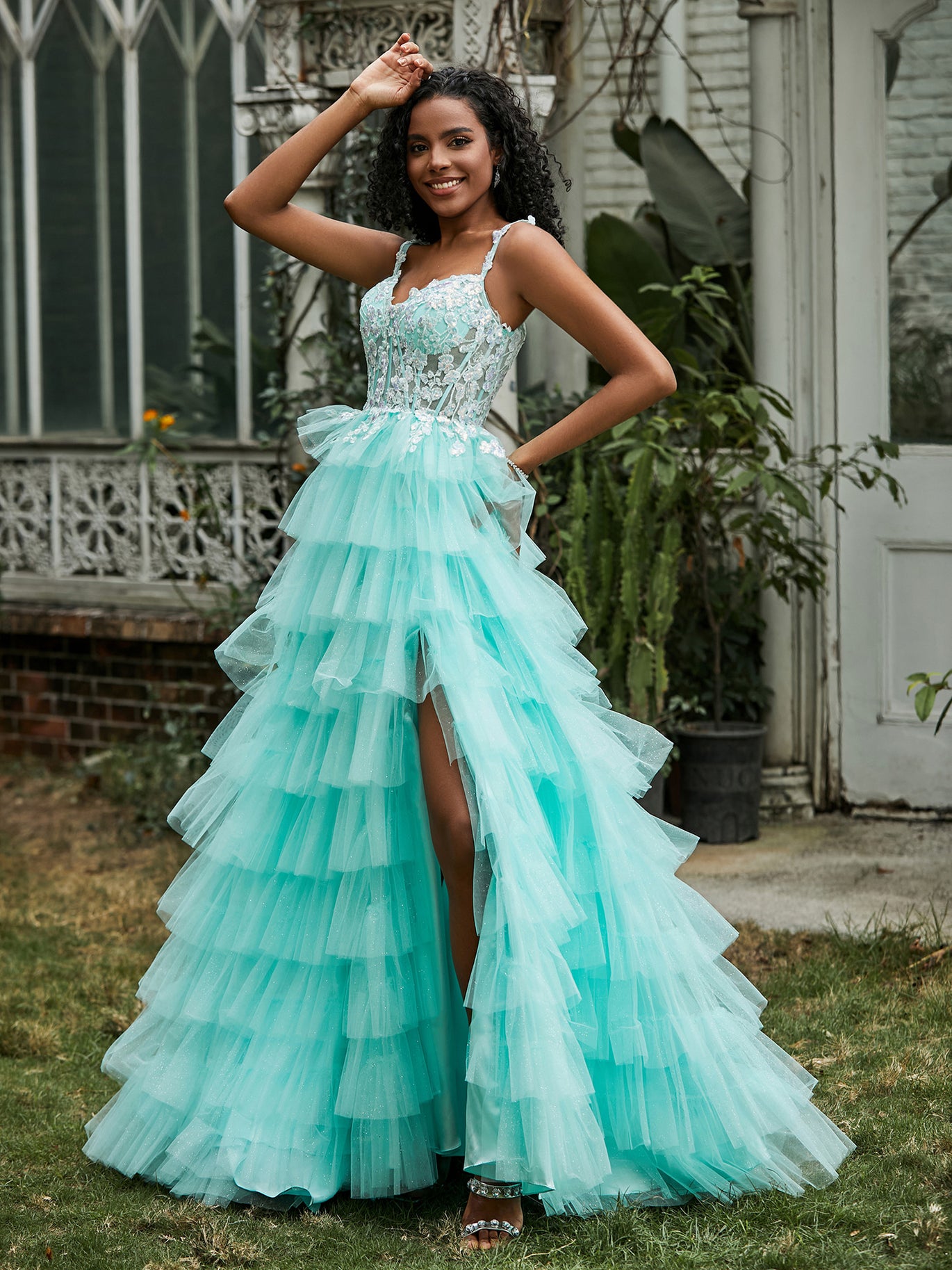 BABARONI BABARONI Tulle Turquoise Prom Dresses A-line Sweetheart Spaghetti Straps Appliqued Ruffle With Slit, Turquoise / US0 BABARONI BABARONI Tulle Turquoise Prom Dresses A-line Sweetheart Spaghetti Straps Appliqued Ruffle With Slit, Turquoise / US0
