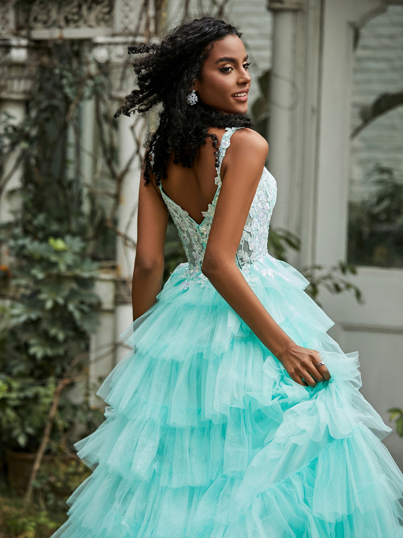 Sweetheart Ruffle Skirt Tiered Tulle Gown With Slit Turquoise