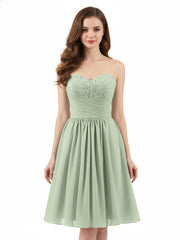 Strapless Short Chiffon Dress with Sweetheart Neck Dusty Sage