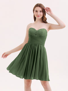 Strapless Short Chiffon Dress with Sweetheart Neck Olive Green