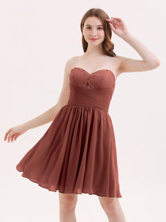 Strapless Short Chiffon Dress with Sweetheart Neck Terracotta