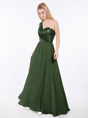 Sequins Bodice Chiffon Skirt Dress Olive Green