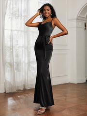Cowl Neck Mermaid Dress With Sash Black