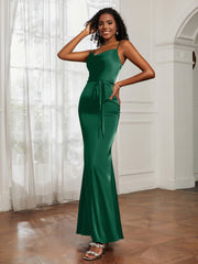Cowl Neck Mermaid Dress With Sash Dark Green