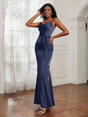 Cowl Neck Mermaid Dress With Sash Dark Navy