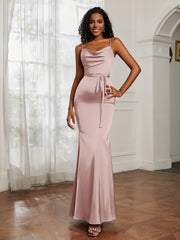 Cowl Neck Mermaid Dress With Sash Dusty Rose