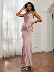 Cowl Neck Mermaid Dress With Sash Dusty Rose Plus Size