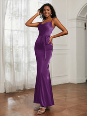 Cowl Neck Mermaid Dress With Sash Grape