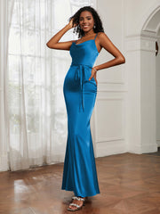Cowl Neck Mermaid Dress With Sash Ocean Blue