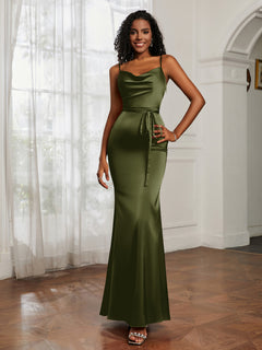 Cowl Neck Mermaid Dress With Sash Olive Green