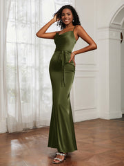 Cowl Neck Mermaid Dress With Sash Olive Green Plus Size
