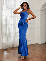 Cowl Neck Mermaid Dress With Sash Royal Blue Plus Size