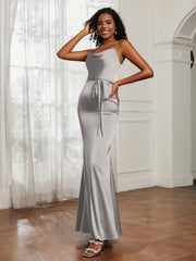 Cowl Neck Mermaid Dress With Sash Silver