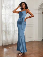 Cowl Neck Mermaid Dress With Sash Slate Blue