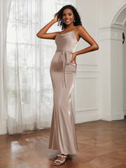 Cowl Neck Mermaid Dress With Sash Taupe