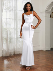 Cowl Neck Mermaid Dress With Sash White