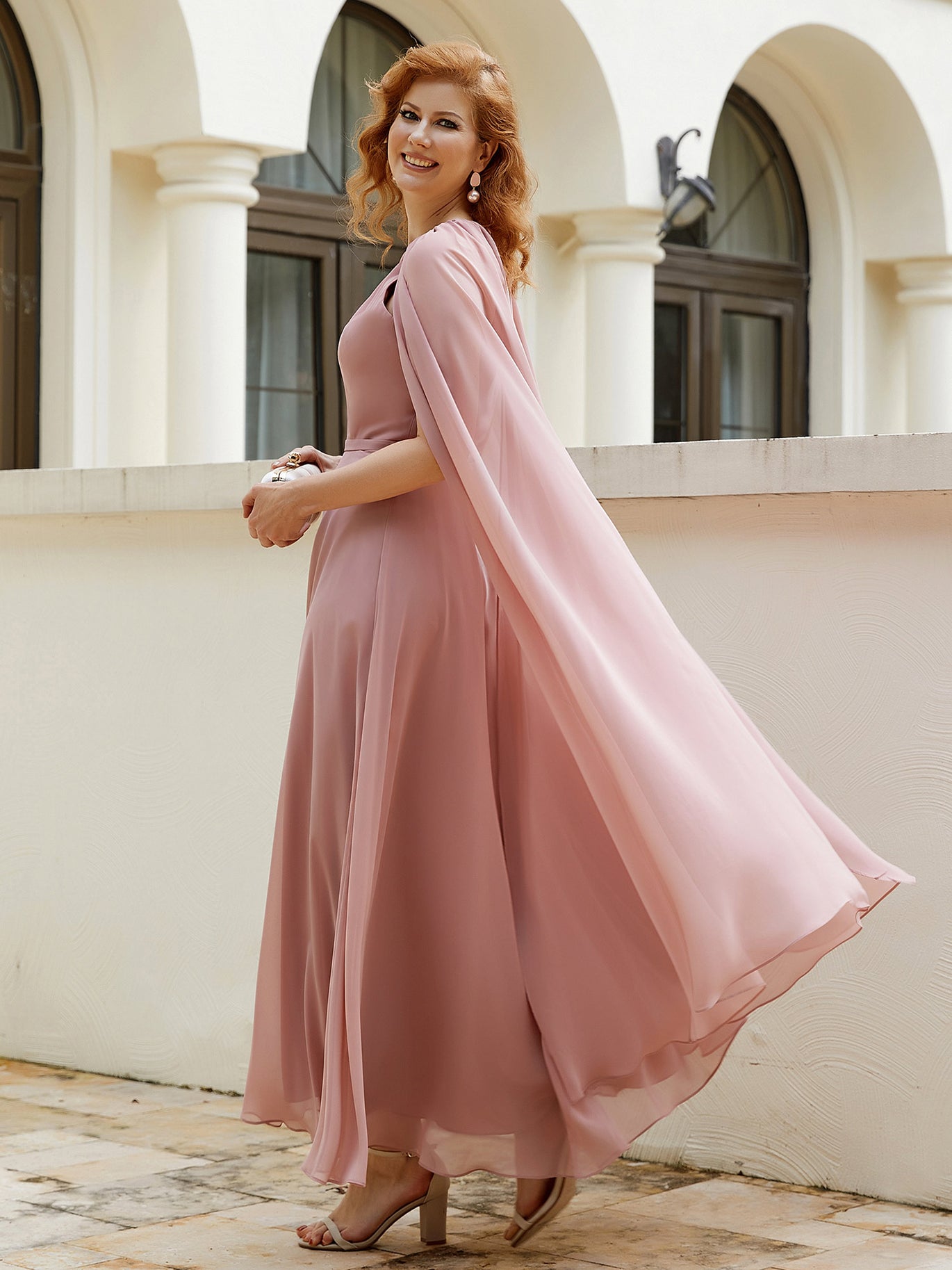 BABARONI Chiffon Midi Mothe of the Bride Dress With A-line Jewel-Neck Long Cape