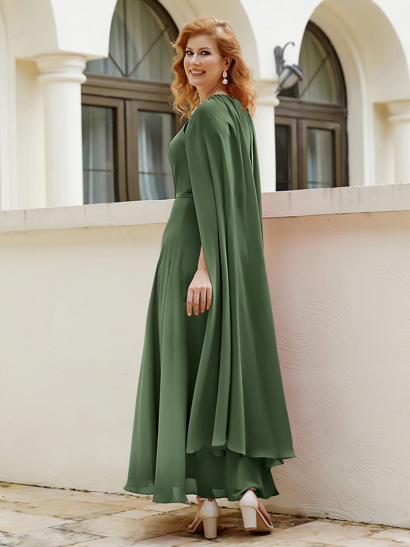 moss green dress with sleeves Green Short Sleeve Micro Ruffle Midi Dress main image 1