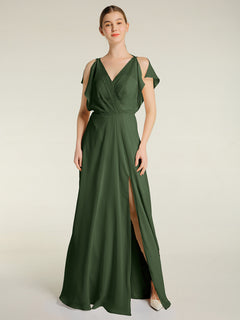 V Neckline Chiffon Maxi Dresses with Slit Olive Green