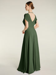 V Neckline Chiffon Maxi Dresses with Slit Olive Green