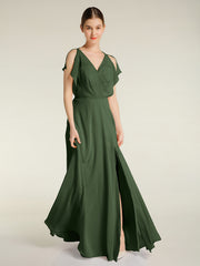 V Neckline Chiffon Maxi Dresses with Slit Olive Green