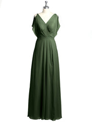 V Neckline Chiffon Maxi Dresses with Slit Olive Green