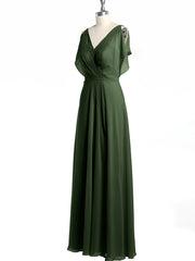 V Neckline Chiffon Maxi Dresses with Slit Olive Green