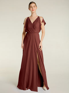 V Neckline Chiffon Maxi Dresses with Slit Terracotta