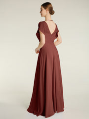 V Neckline Chiffon Maxi Dresses with Slit Terracotta Plus Size