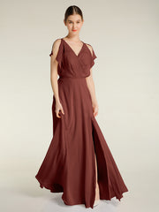 V Neckline Chiffon Maxi Dresses with Slit Terracotta Plus Size