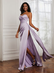 Sweetheart Neck Pleated Sheath Dress With Slit Lilac